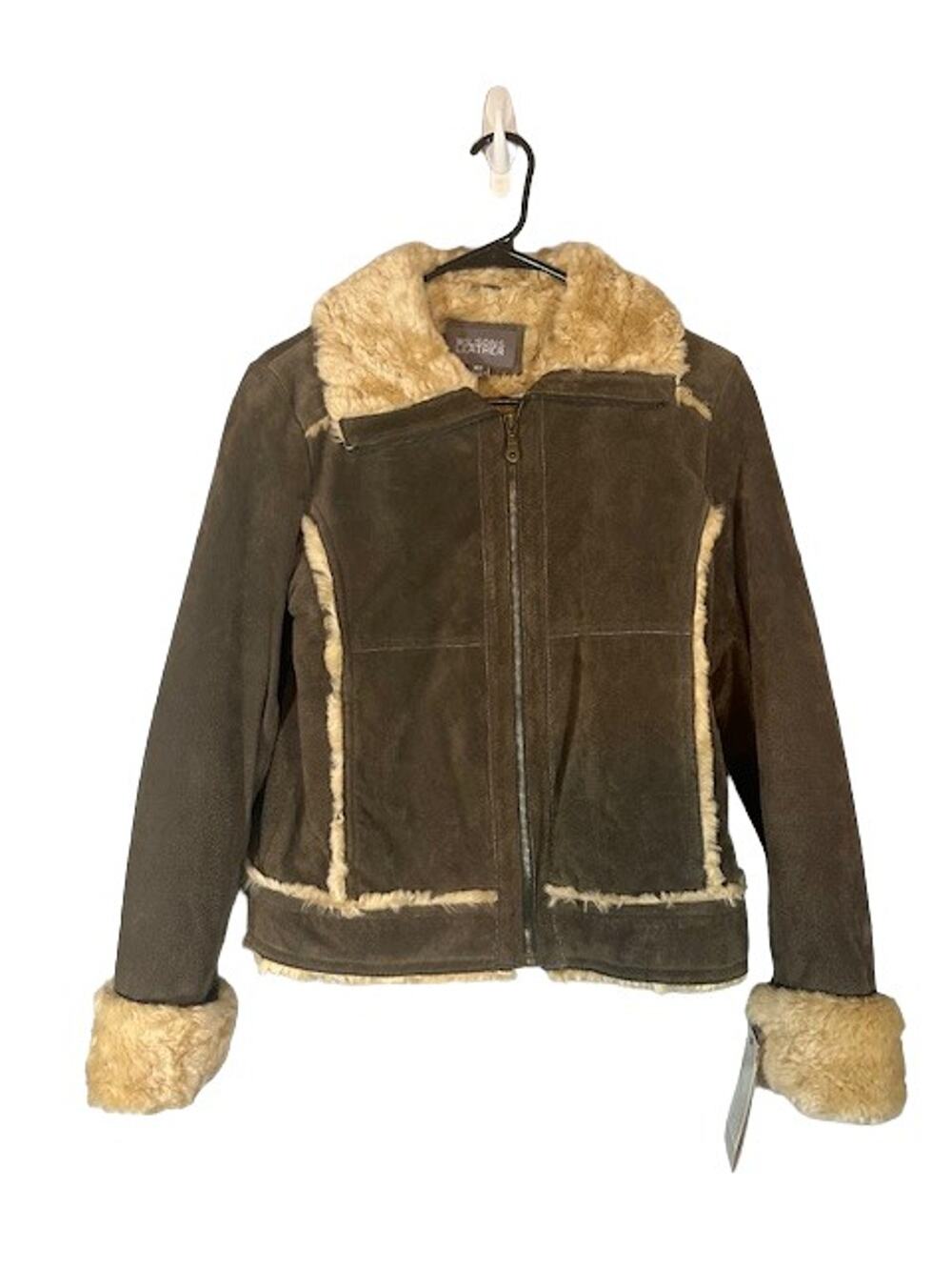 Wilsons Leather Brown Suede Fur Trim Full Zip Jacket Women Sz XS